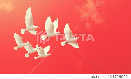 White birds flying peacefully in the sky n a red background. 121719093