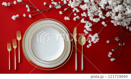 White porcelain plates and cutlery, gold trim on the table, red background with white flowers. White porcelain plates and cutlery, gold trim on the table, red background with white flowers. 121719094