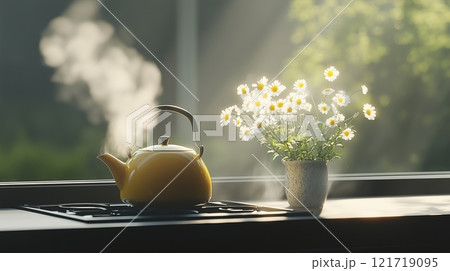 Yellow teapot sitting on a stove top, steam rising gently from the spout. Yellow teapot sitting on a stove top, steam rising gently from the spout. 121719095