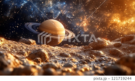 Ground of the planet Mars, in the background outer space, with Saturn in the sky. 121719244