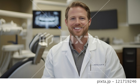 A portrait of an attractive male dentist in his late thirties, sitting in a chair. 121719246