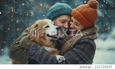 A happy elderly couple in winter attire embracing their dog. 121719247