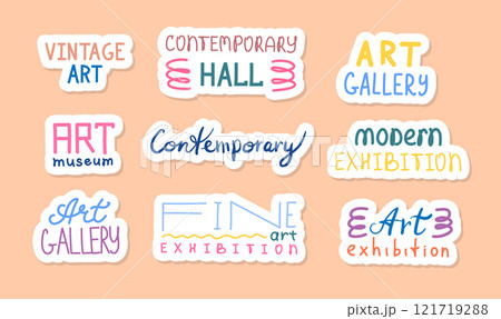 Cartoon Color Vintage and Modern Art Museum Lettering Stickers Set Gallery Concept Flat Design Style. Vector illustration 121719288