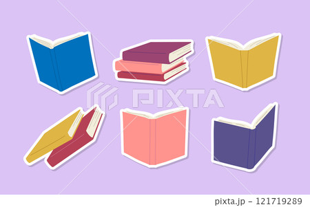 Cartoon Color Opened and Closed Books, Notebooks or Diaries Stickers Set Education Concept Flat Design Style. Vector illustration 121719289