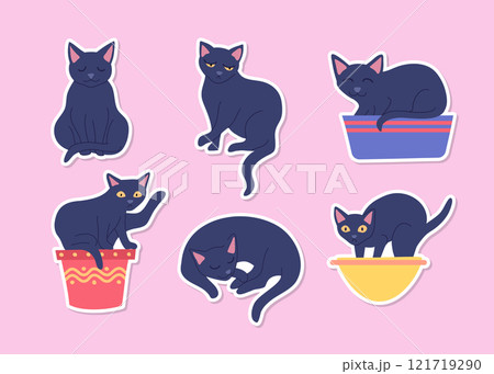 Cartoon Color Characters Cats in Pot Plant Flowers Stickers Set Domestic Cat in Different Poses Concept Flat Design Style. Vector illustration 121719290