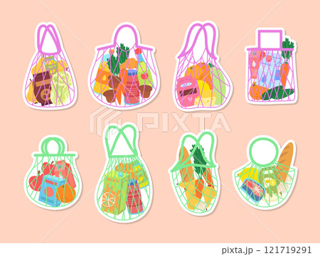 Cartoon Green and Pink Shopping String Bags with Products Stickers Set Grocery Concept Flat Design Style Include of Cheese, Juice , Bakery, Sauce and Fish. Vector illustration 121719291