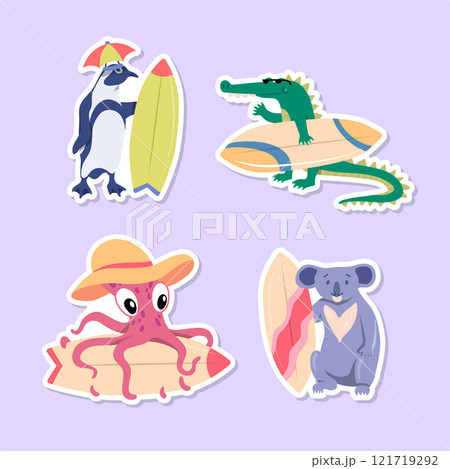 Cartoon Color Characters Animal Penguin, Crocodile, Octopus and Koala Surfers Stickers Set Summer Surfboarding Concept Flat Design Style. Vector illustration 121719292