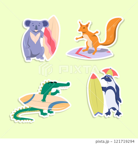 Cartoon Color Characters Animal Koala, Squirrel, Crocodile and Penguin Surfers Stickers Set Activity Surfboarding Concept Flat Design Style. Vector illustration 121719294