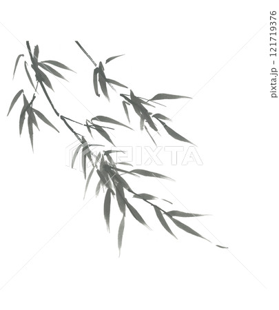 風に吹かれた竹の手描き水墨画（透明背景なし） 121719376
