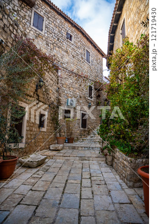 Narrow street in Ulcinj Old Town in Montenegro, the southernmost city at Montenegrin coast, Europe 121719430