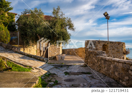 Street in Ulcinj Old Town in Montenegro, the southernmost city at Montenegrin coast, Europe 121719431