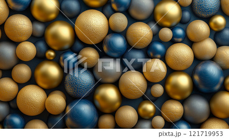 Textured spheres in gold and blue create visually striking pattern 121719953