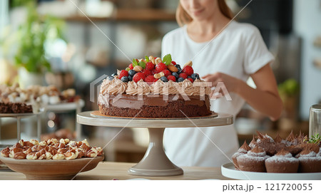 beautifully decorated chocolate cake topped with fresh berries and mint, showcasing delightful 121720055