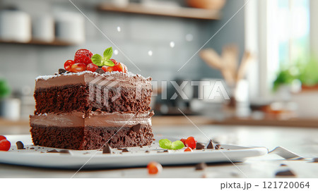 Delicious chocolate cake with cherries and mint leaves, perfect for dessert! 121720064