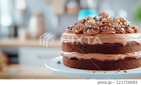 Delicious chocolate cake with creamy frosting and chocolate chips 121720093