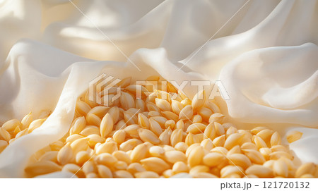 Soft golden corn kernels nestled in delicate white fabric create serene and inviting scene 121720132