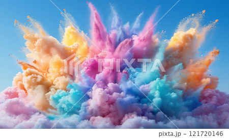 Vibrant explosion of colorful smoke and dust against clear blue sky, creating stunning visual 121720146