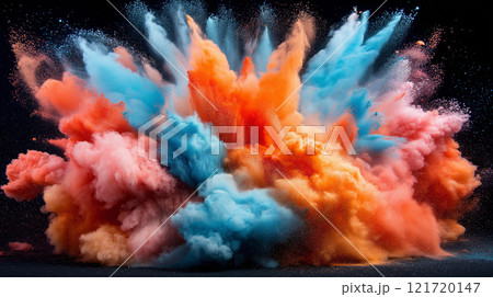 Vibrant explosion of colored powder creates stunning visual display 121720147