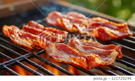 Grilled bacon sizzling on barbecue, creating mouthwatering aroma 121720244