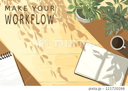 Workspace horizontal background. Top view. Wooden table surface stationery opened notebook coffee cup and green plants. Light sunny area with leaves shadows from the window. Cartoon style vector 121720266