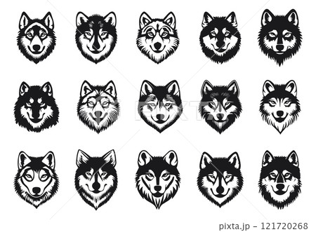 Wolf portrait black icons set. Wildlife predator mammal. Front view animal head of forest canine carnivore beast. Black and white simple flat style. Isolated vector clipart on white background 121720268