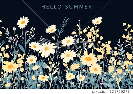 Wildflowers in the meadow horizontal background. Daisies chamomiles and cosmos flowers. Plain dark color backdrop. Place for text. Summer designs template banner. Cartoon style vector illustration 121720271
