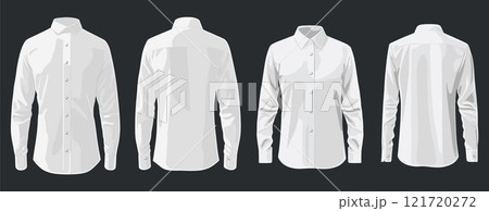 White female and male longsleeve classic shirt mockup set with collar and buttons. Front and back view. Formal and casual wear. Modern fashion design cloth. Cartoon style vector illustration on dark 121720272