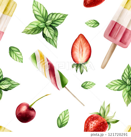 Seamless pattern with Ice cream in crispy waffle cone, lolly with strawberry, mint, vanilla, raspberry. Hand painting fruit popsicle watercolor illustration isolated on background. For designers, menu 121720291
