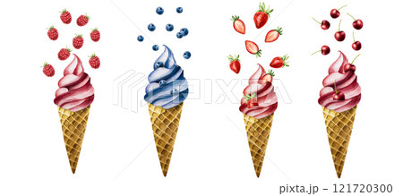 Set of ice creams with flying berries in crispy waffle cone. Raspberry, cherry, strawberry, blueberry. Hand painting sweet watercolor illustration isolated on background. For designers, menu, shop Set of ice creams with flying berries in crispy waffle cone. Raspberry, cherry, strawberry, blueberry. Hand painting sweet watercolor illustration isolated on background. For designers, menu, shop 121720300