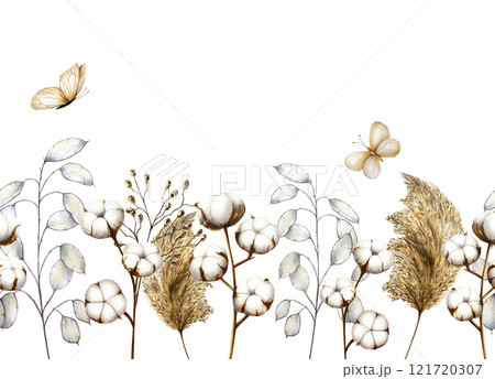 Realistic seamless border, banner, frame with cotton branches, flower and dry plants, lunaria, butterflies. Watercolor hand drawn boho plants isolated on transparent background. Christmas, winter, and Realistic seamless border, banner, frame with cotton branches, flower and dry plants, lunaria, butterflies. Watercolor hand drawn boho plants isolated on transparent background. Christmas, winter, and 121720307