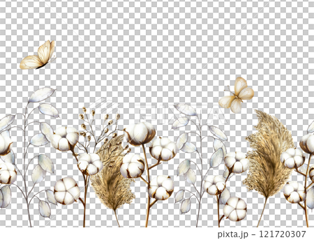 Realistic seamless border, banner, frame with cotton branches, flower and dry plants, lunaria, butterflies. Watercolor hand drawn boho plants isolated on transparent background. Christmas, winter, and Realistic seamless border, banner, frame with cotton branches, flower and dry plants, lunaria, butterflies. Watercolor hand drawn boho plants isolated on transparent background. Christmas, winter, and 121720307