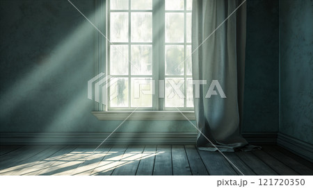 Sunlight Streaming Through Window Onto Hardwood Floor in Room With Plant. Generative AI 121720350