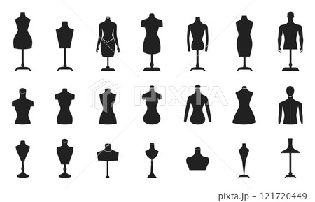 Mannequin black icons set. Tailor fashion symbol. Sewing dummies. Male and female torso. Figures on stands for fabric cloth dressmaking. Simple black and white flat style isolated vector clipart 121720449
