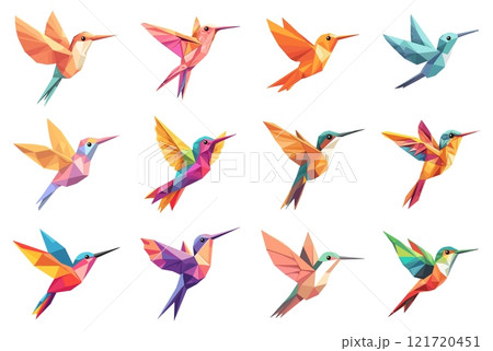 Low poly colorful hummingbird set. Exotic tropical little bird with wings wild life symbol. Colibri side view. Origami toy emblem. Animal geometric triangled shape. Flat style isolated vector clipart Low poly colorful hummingbird set. Exotic tropical little bird with wings wild life symbol. Colibri side view. Origami toy emblem. Animal geometric triangled shape. Flat style isolated vector clipart 121720451