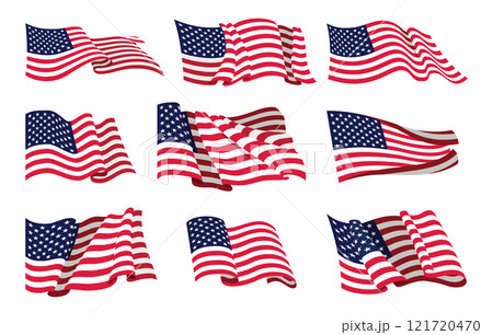 USA flags set. American national flags waving symbols isolated on white background. Banner design elements 121720470