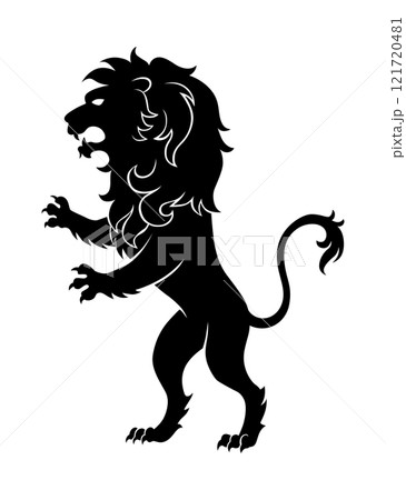 Heraldic lion silhouette. Black standing lion in flat style. Heraldic icon, symbol and design element isolated on white background. Vector illustration 121720481