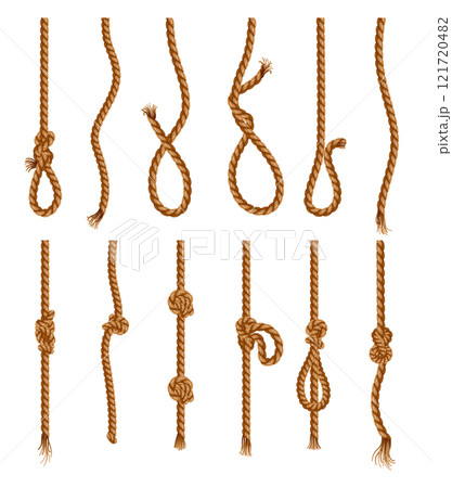 Set of hanging ropes with tassel and node. Knitted nautical threads or marine vertical fibers. Textile tassel hang at ropes isolated on white background. Vector illustration 121720482