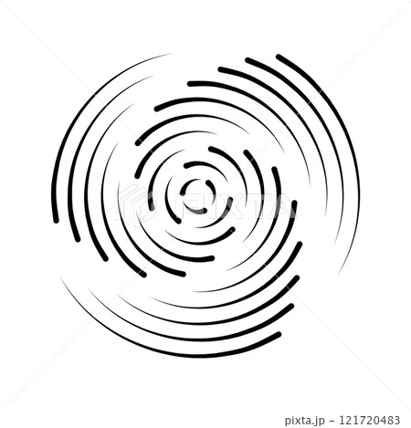 Halftone speed lines circle. Geometric art in circle form. Round swirl movement symbol. Halftone circular frame. Vector design element 121720483