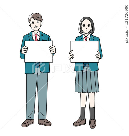 フリップを手に持つ学生服を着た男女の学生のイラスト フリップを手に持つ学生服を着た男女の学生のイラスト 121720900
