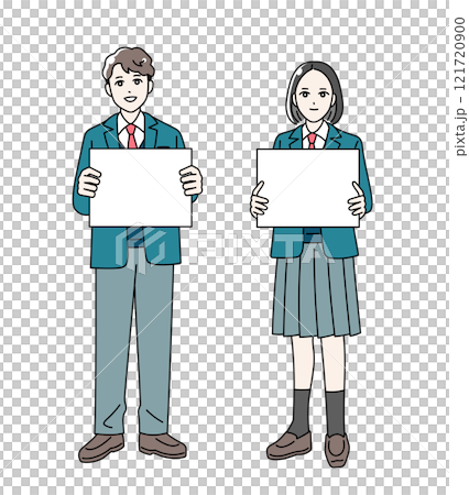 フリップを手に持つ学生服を着た男女の学生のイラスト フリップを手に持つ学生服を着た男女の学生のイラスト 121720900