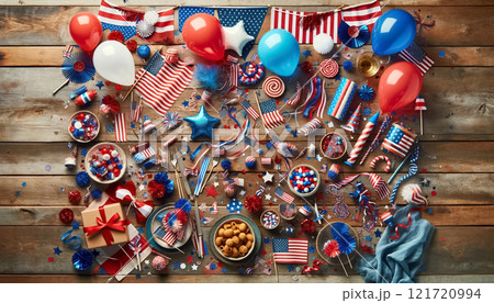 This image captures a purely decorative July 4th flat lay, showcasing a rich array of patriotic red, white, and blue decorations such as balloons, streamers, and confetti, artfully arranged on a 121720994