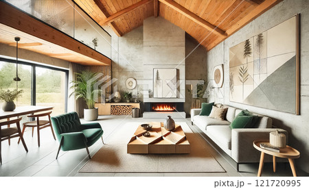 These modern living rooms exude warmth and elegance, featuring light gray sectional sofas, green velvet armchairs, and geometric wooden coffee tables. The sleek fireplaces are integrated into stone 121720995