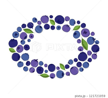 Blueberry with leaves oval frame with ripe blueberries in blue and violet tones on a white isolated background. graphic line vector illustration. Blueberry with leaves oval frame with ripe blueberries in blue and violet tones on a white isolated background. graphic line vector illustration. 121721059