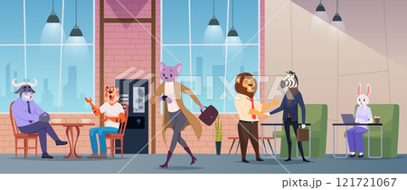 Animals working. Office business anthropomorphic characters talking exact vector cartoon background Animals working. Office business anthropomorphic characters talking exact vector cartoon background 121721067