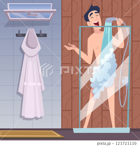 man taking shower. people singers in bathing room. cartoon background 121721110