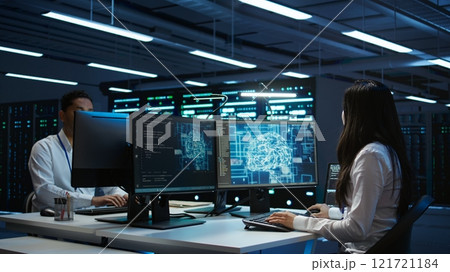 Technicians coworkers using AI tech on computer to do checkup in server room. Teamworking colleagues in data center using artificial intelligence technology to process datasets for training, camera B 121721184