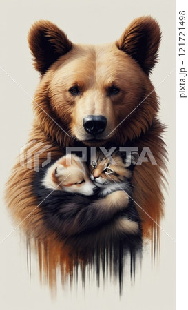 A collection of animal illustrations showing pairs hugging, like a bear hugging a cub or a dog cuddling a cat, symbolizing warmth, love, and affection on International Hug Day. 121721498