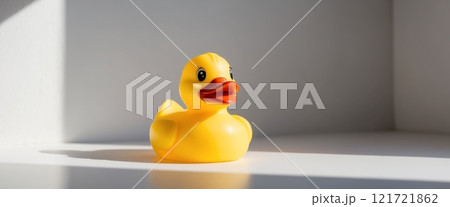 A rubber duck on a gray minimalist background, creating a stylish and sleek look. A rubber duck on a gray minimalist background, creating a stylish and sleek look. 121721862