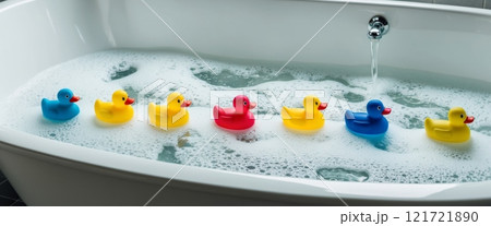 A bathtub filled with bubbles and a line of colorful rubber duckies floating on the water, evoking a sense of fun and playfulness. A bathtub filled with bubbles and a line of colorful rubber duckies floating on the water, evoking a sense of fun and playfulness. 121721890