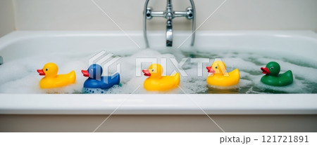 A bathtub filled with bubbles and a line of colorful rubber duckies floating on the water, evoking a sense of fun and playfulness. 121721891